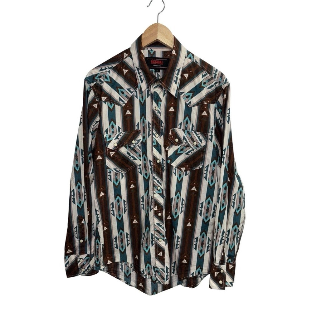 Rock & Roll Cowboy Shirt Mens Medium M Pearl Snap Aztec Southwestern Modern Fit